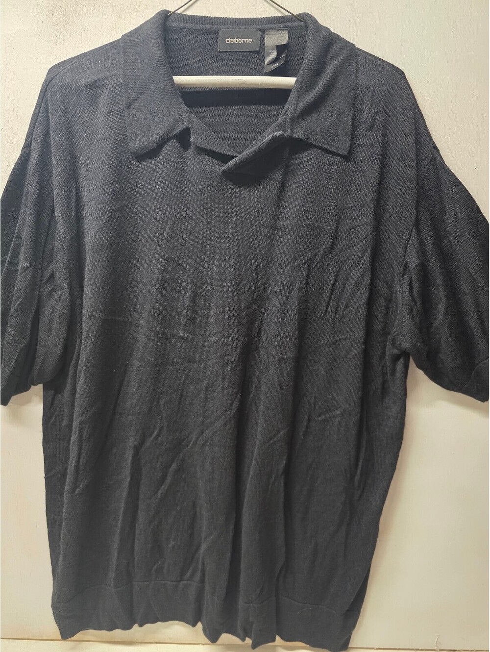 Claiborne Men's 100% Silk Knit Polo Sweater Black Short Sleeve Size Large